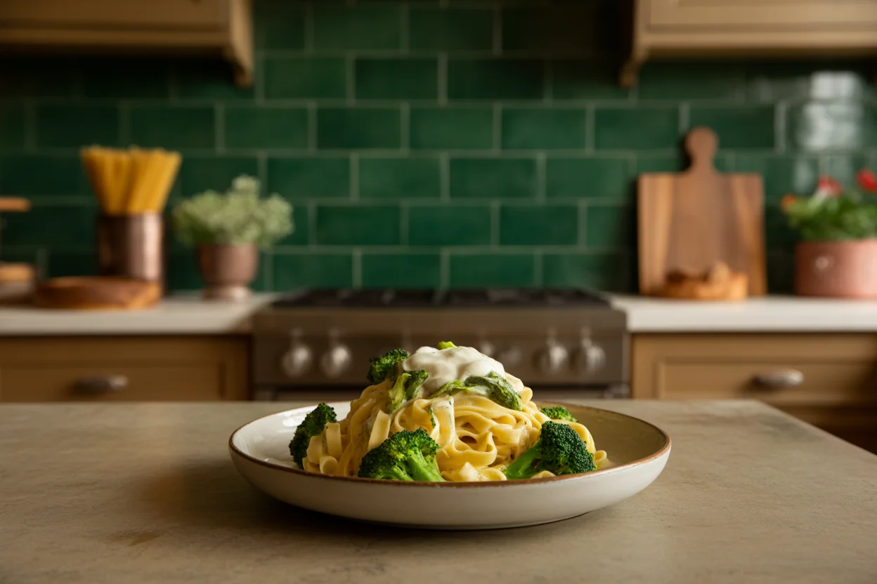 Fettuccini en crema chipotle con camarones y brócoli