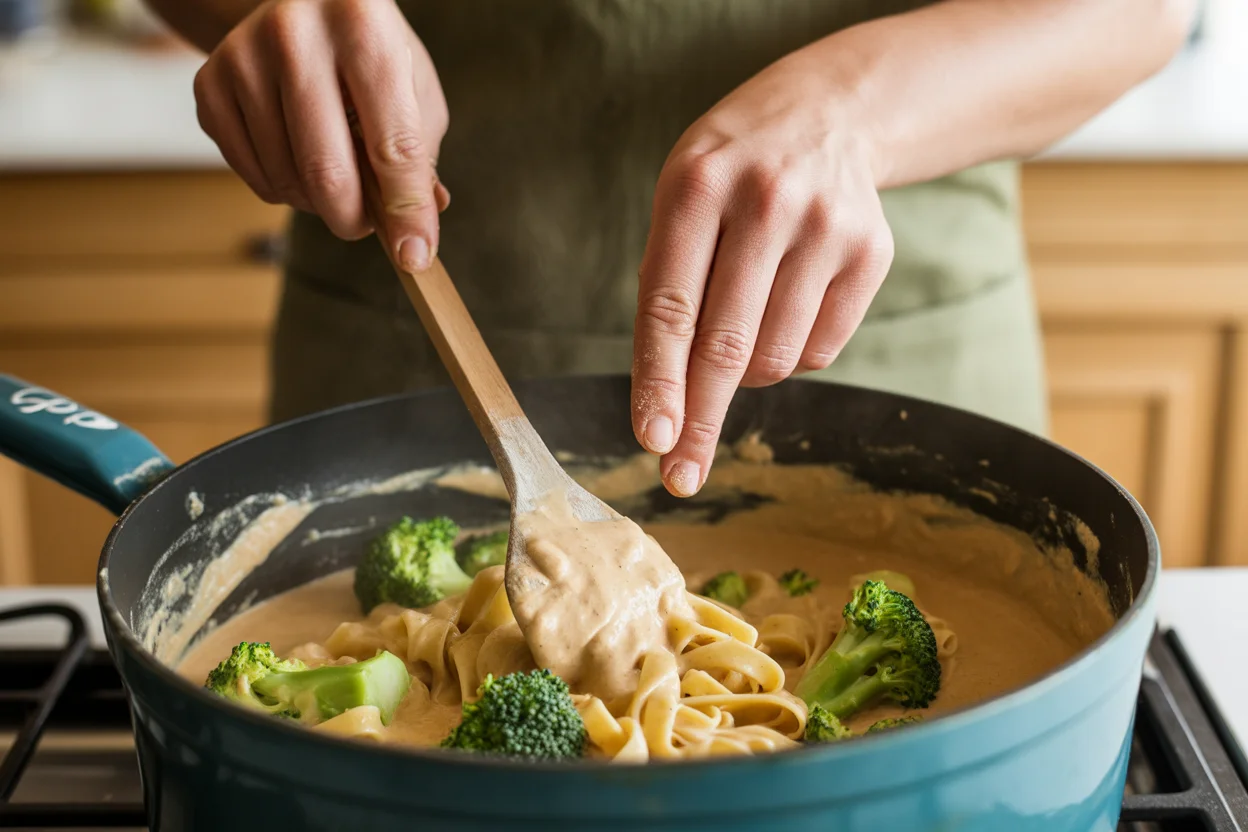 Fettuccini en crema chipotle con camarones y brócoli