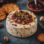 Queso crema bañado en salsa dulce de chipotle con arándanos y pistache