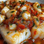 Bacalao con salsa de gambas y pimientos del piquillo