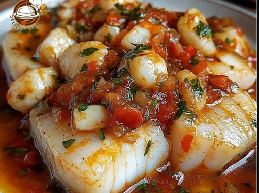 Bacalao con salsa de gambas y pimientos del piquillo