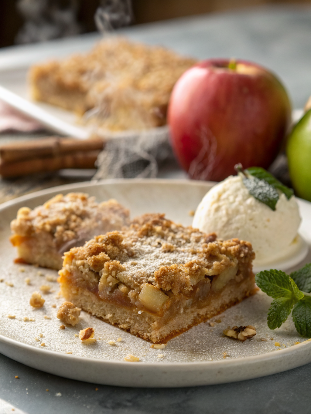 barras doradas de crumble de manzana cortadas en cuadrados sobre una tabla, con migas crujientes y trozos de manzana visibles