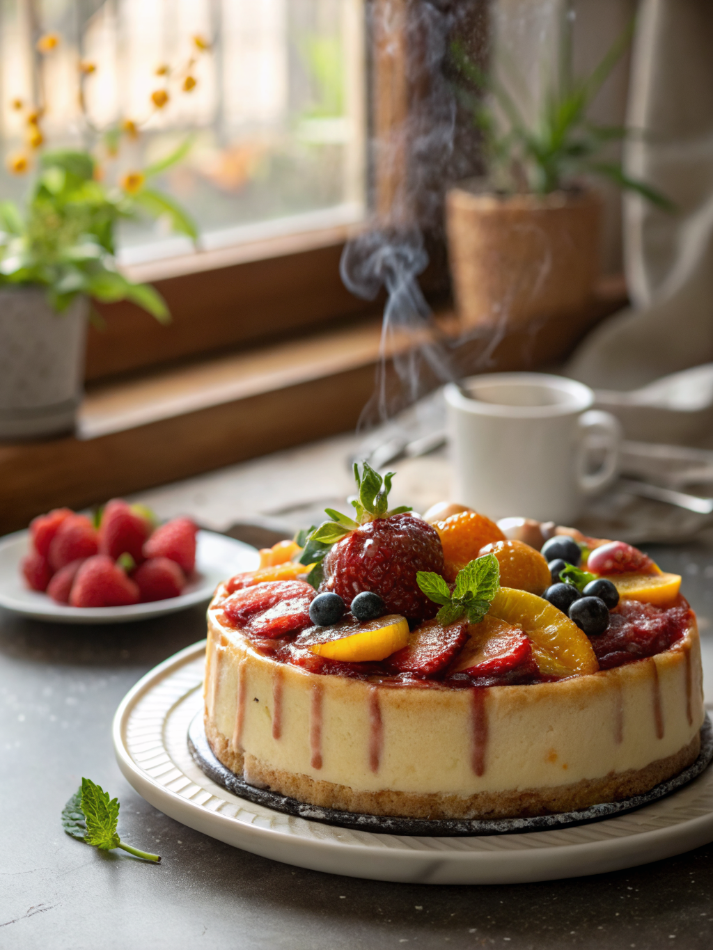 bizcocho dorado de frutas cortado en rebanadas con trozos visibles de manzana fresas arándanos y pera sobre una mesa clara