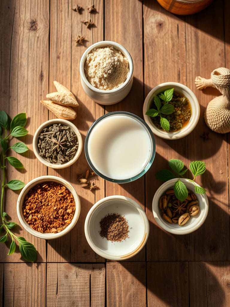 arroz blanco, rama de canela, leche condensada, leche evaporada, vainilla, azúcar y hielo acomodados sobre una mesa clara