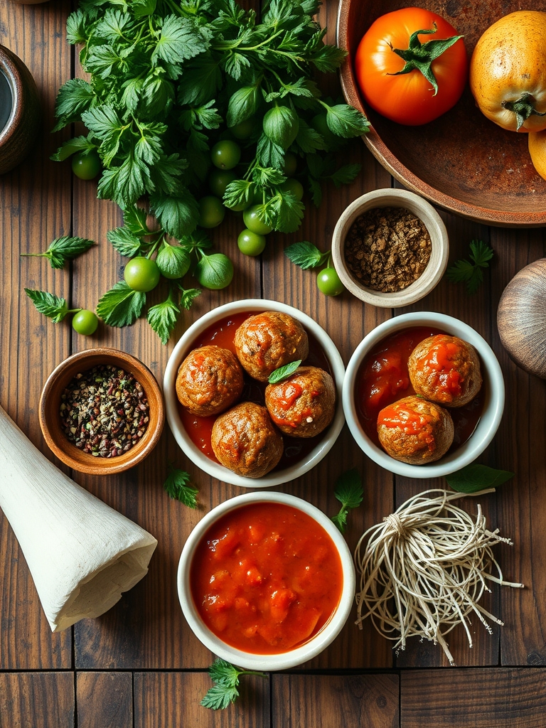 cuencos con carne molida, pan rallado, leche, huevo, tomate triturado, verduras picadas y especias para preparar albóndigas en salsa