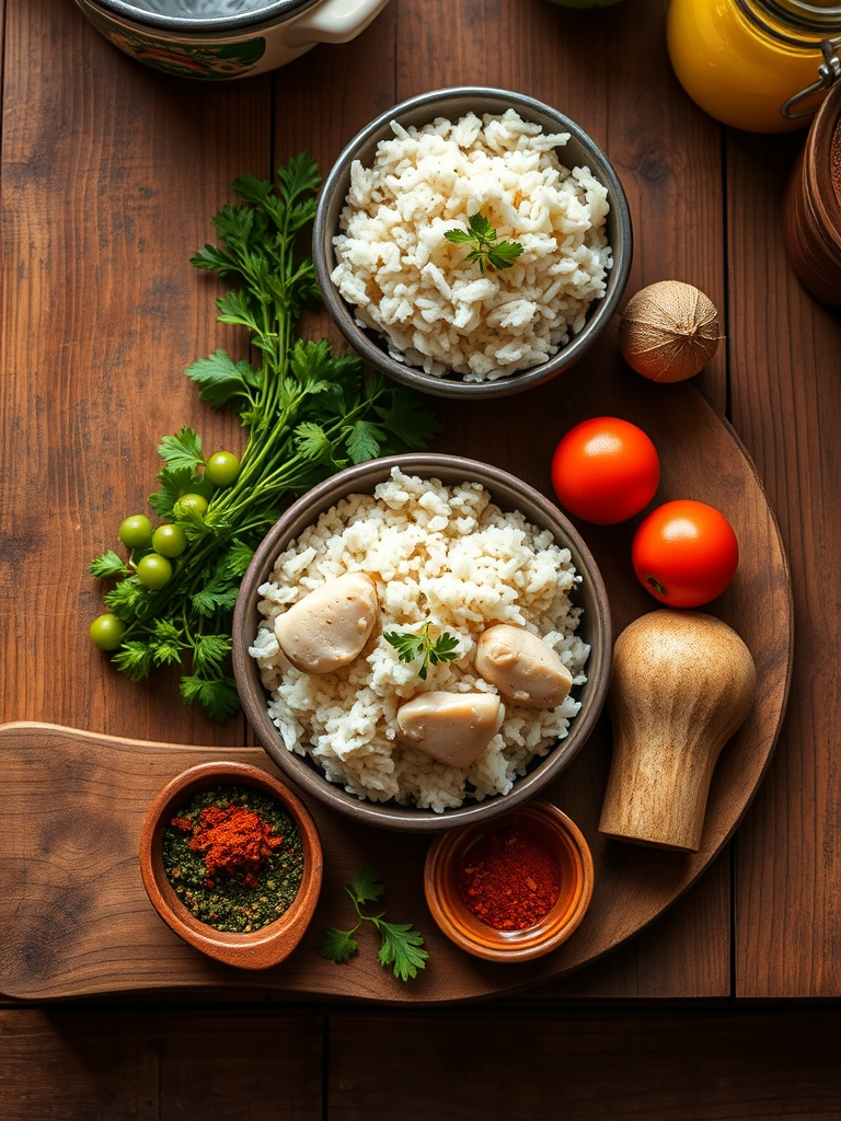 ingredientes frescos para arroz con pollo sobre una mesa, con arroz crudo, trozos de pollo, pimiento rojo, arvejas, zanahoria, ajo, cebolla y caldo