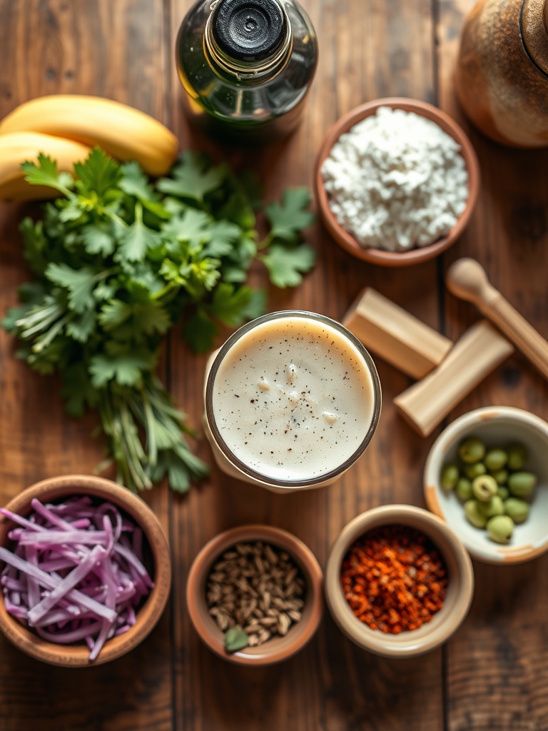 ingredientes para batido de proteína colocados sobre una mesa con plátano congelado, leche, yogur griego, proteína de vainilla, chía, miel, mantequilla de almendra y hielo