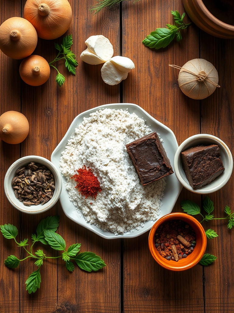 ingredientes para brownies sobre una mesa con chocolate picado, huevos, cacao, harina, mantequilla y chispas de chocolate en recipientes pequeños