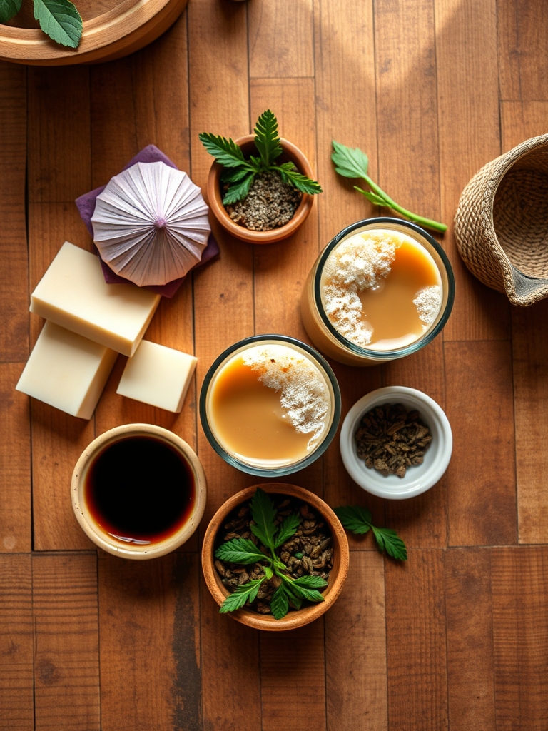 vasos con leche fría, café instantáneo, hielo, helado de vainilla, azúcar y cacao listos para preparar café frappé casero