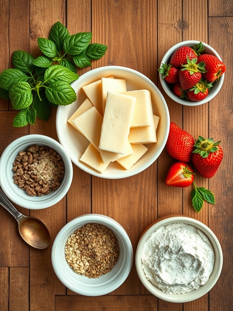 galletas trituradas, queso crema, crema para batir, fresas frescas y mermelada colocados en cuencos sobre una mesa clara