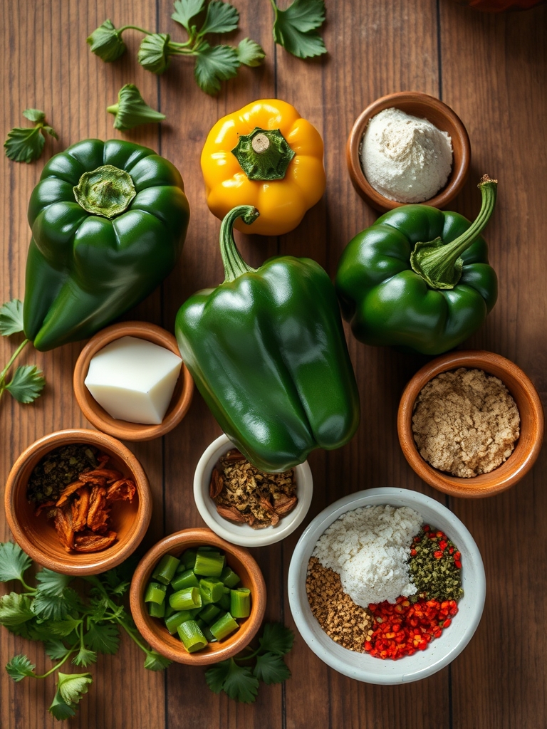 chiles poblanos frescos, quesos blancos, huevos, jitomates, cebolla y ajo acomodados sobre una mesa de cocina