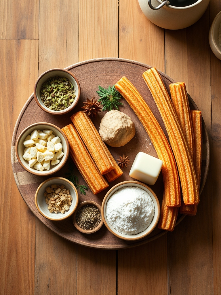 harina, huevos, mantequilla, azúcar, canela y manga pastelera sobre una mesa de cocina para preparar churros caseros