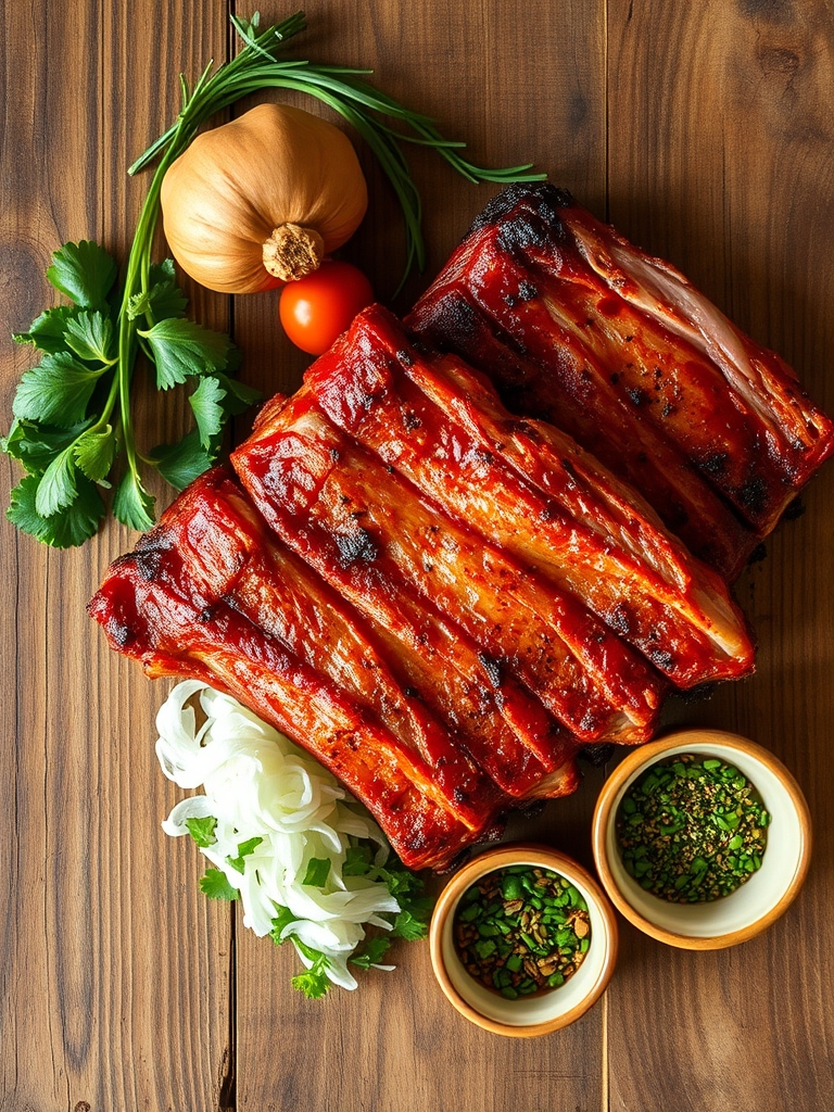 costillas de cerdo crudas junto a salsa barbacoa, pimentón ahumado, ajo en polvo, miel y especias sobre una mesa de cocina