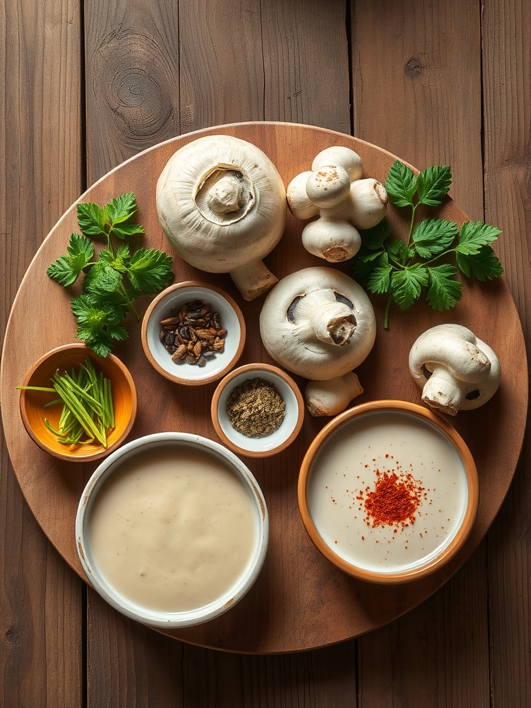 champiñones frescos laminados junto a cebolla picada, ajo, nata, leche, caldo, mantequilla, harina y perejil sobre una mesa clara