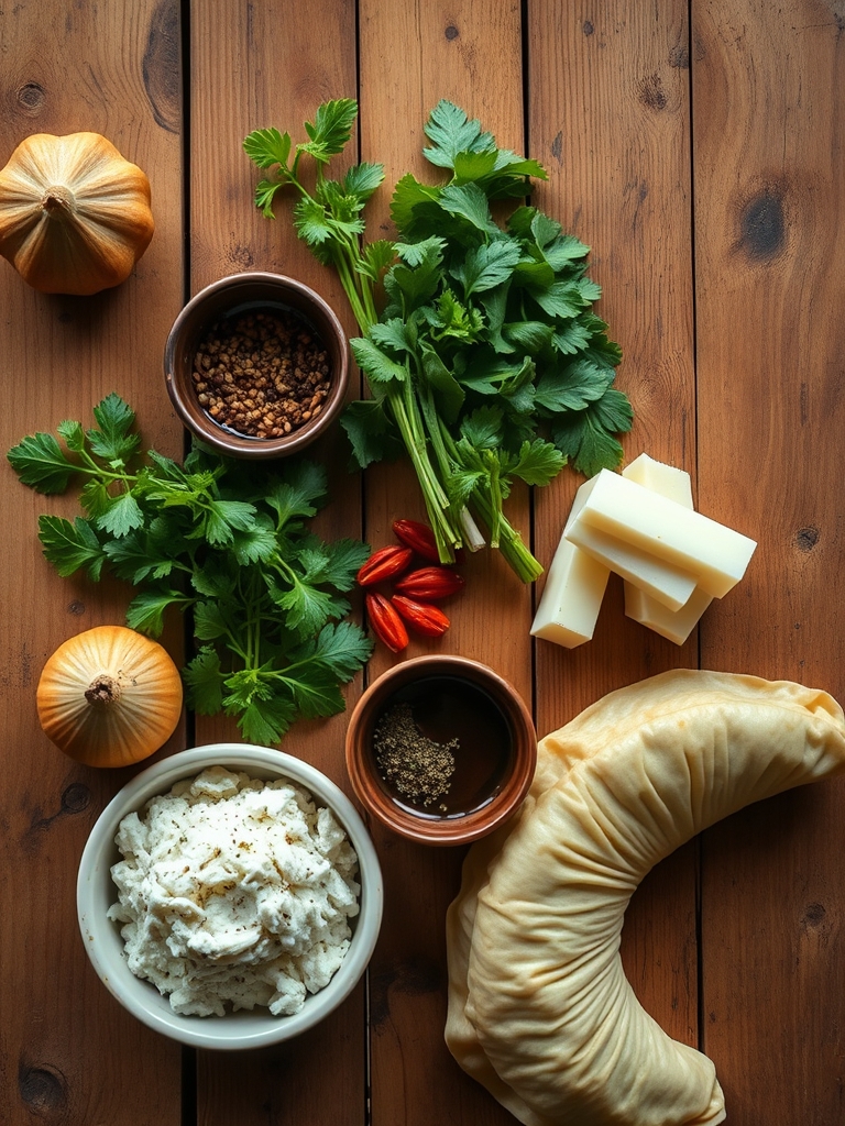 ingredientes para empanadas argentinas con carne picada, cebolla, pimiento rojo, huevos duros, aceitunas verdes, especias y tapas de masa sobre una mesa