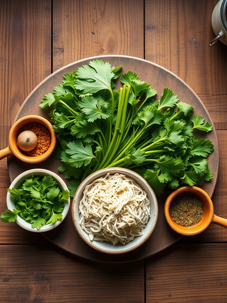 tomatillos verdes, chiles serranos, tortillas de maíz, pollo deshebrado, crema, queso fresco, cebolla morada, cilantro y aguacate sobre una mesa de cocina