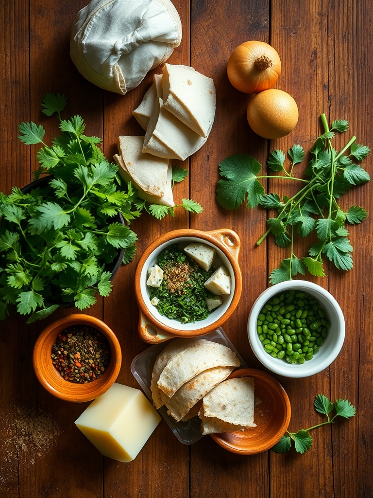 tomatillos verdes, chiles serranos, tortillas de maíz, pollo deshebrado, crema, queso fresco, cilantro y aguacate sobre una mesa de cocina