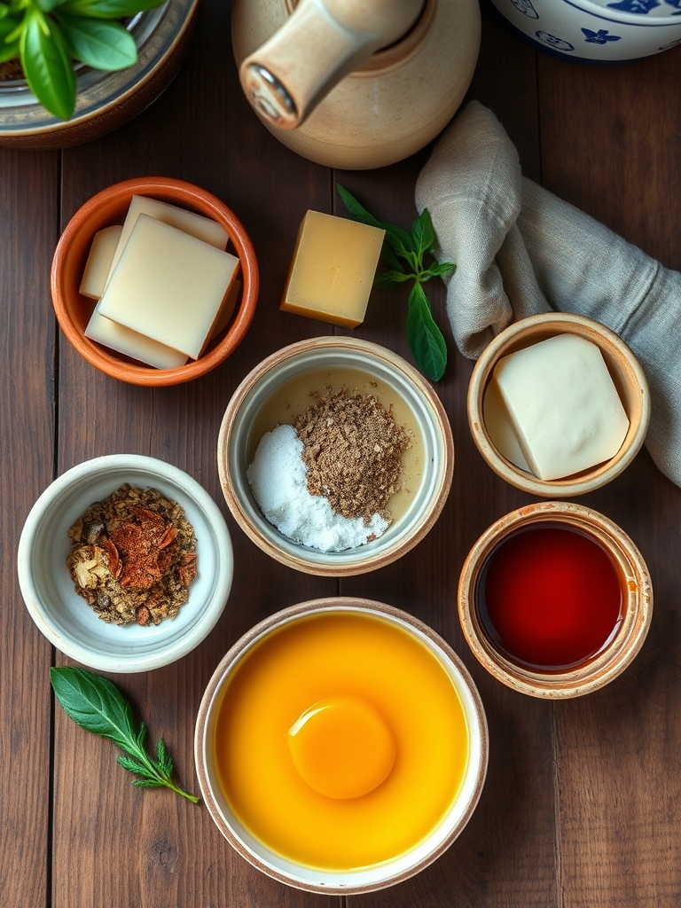 huevos frescos, leche, azúcar, vainilla y un molde redondo listos sobre una mesa para preparar flan casero