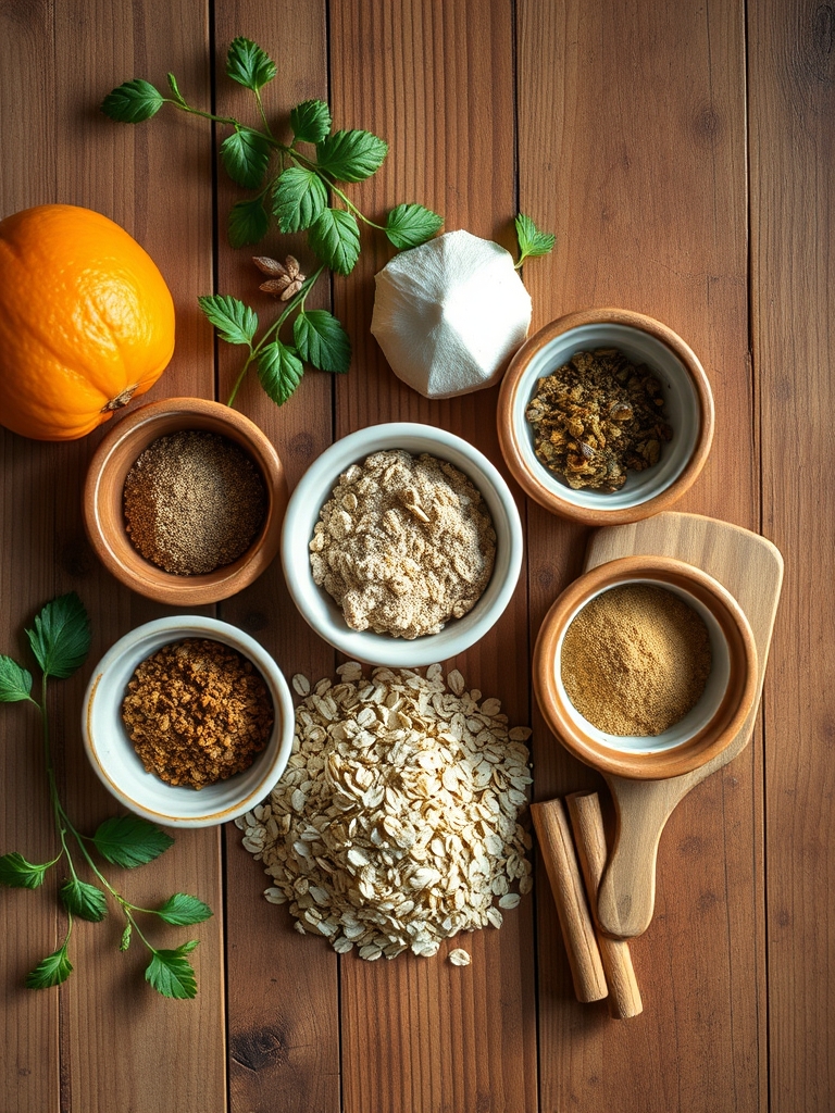 tazones con copos de avena, harina integral, azúcar moreno, pasas, nueces picadas, huevo, leche, aceite y canela sobre una mesa clara