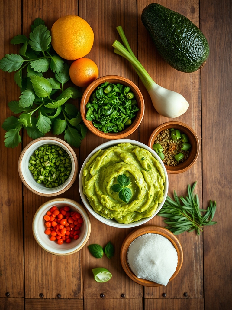 aguacates Hass maduros, tomate picado, cebolla blanca, chile serrano, cilantro, lima y sal sobre una mesa de cocina