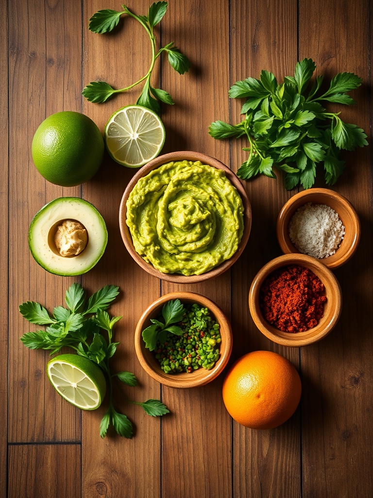 aguacates maduros partidos, limón fresco, tomate picado, cebolla, jalapeño, cilantro y sal sobre una mesa clara
