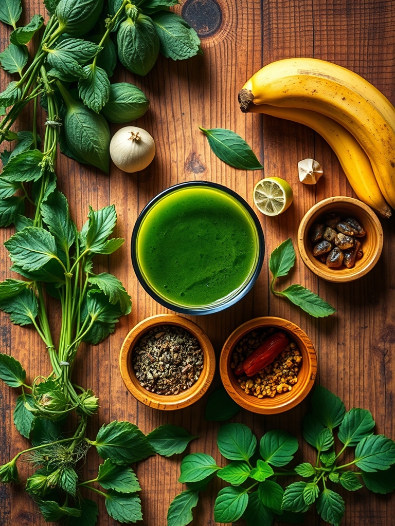 espinaca fresca, pepino, manzana verde, apio, limón, jengibre, agua fría y hielo sobre una mesa clara