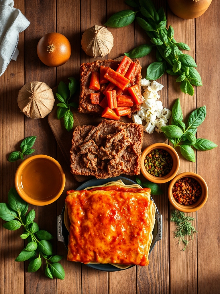 ingredientes para preparar lasaña de carne con láminas de pasta, carne molida, tomate, leche, mantequilla y quesos rallados sobre una mesa