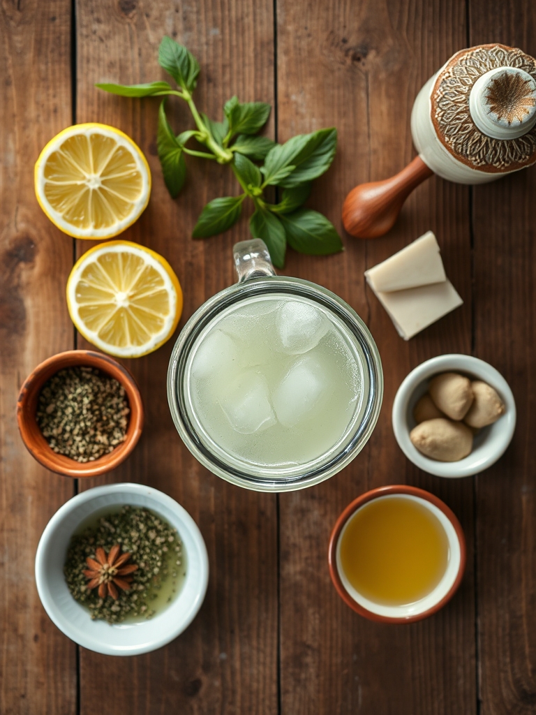 limones frescos partidos, azúcar, jarra con agua fría, hojas de menta y cubitos de hielo sobre una mesa clara