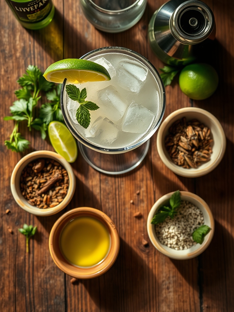 botella de tequila, limas verdes partidas, licor de naranja, hielo en cubos, sal gruesa y copas vacías sobre una mesa clara