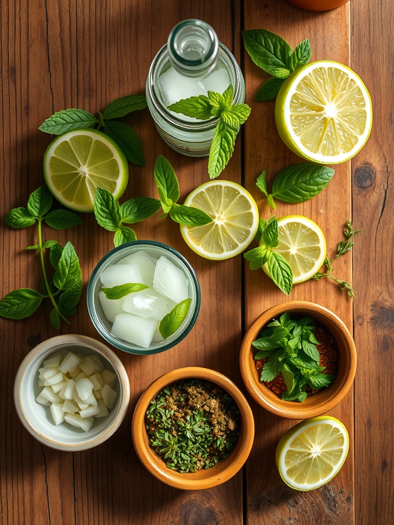 limas verdes cortadas, hojas de hierbabuena fresca, azúcar de caña, hielo picado y vasos listos para preparar mojitos sin alcohol