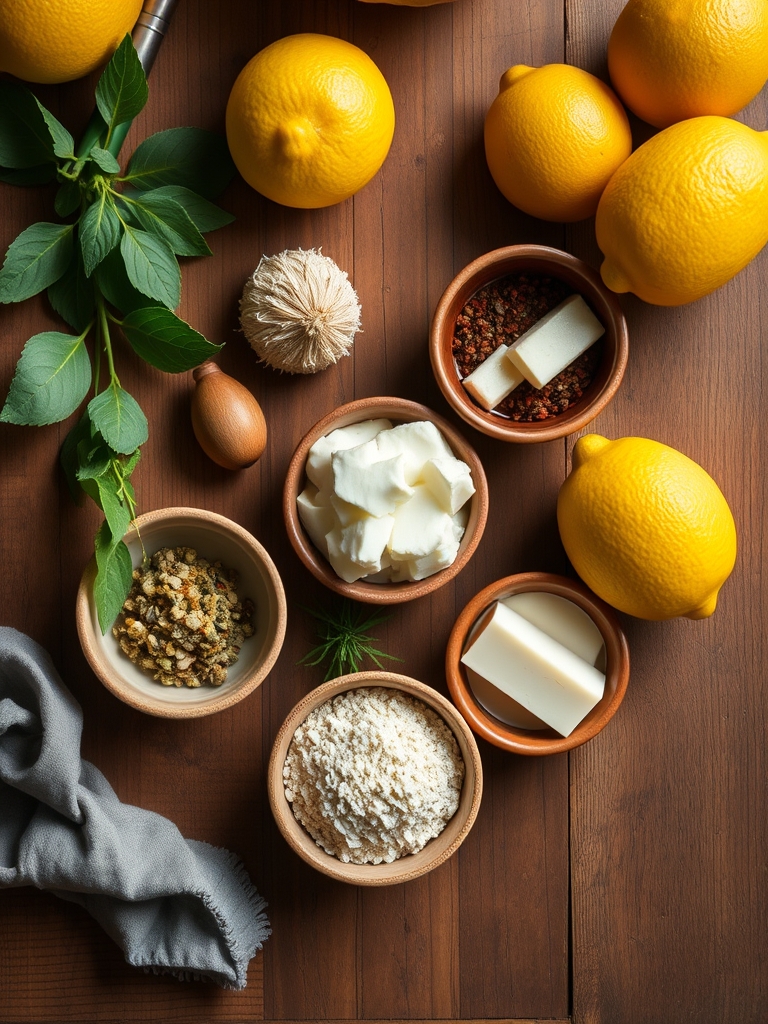 limones frescos, nata fría, leche condensada, gelatina y galletas María colocados sobre una mesa clara para preparar mousse