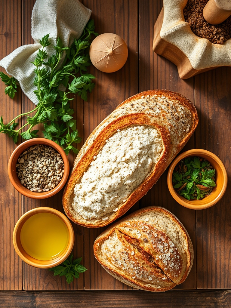 bol con harina, jarra de agua tibia, levadura seca, sal, aceite de oliva y azúcar sobre una mesa de cocina