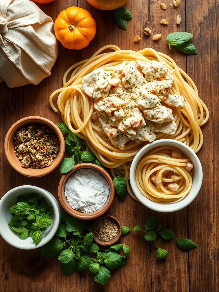 fettuccine seco, mantequilla, crema de leche, queso parmesano rallado, ajo y perejil fresco sobre una mesa clara