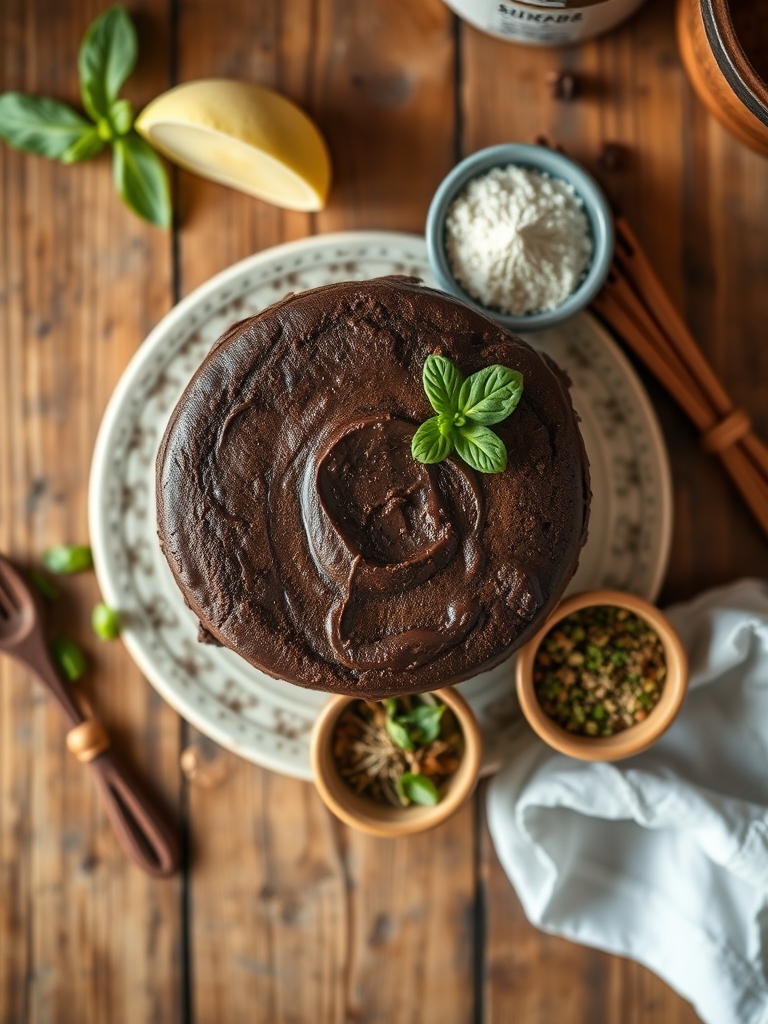 ingredientes para pastel de chocolate sobre una mesa con cacao en polvo, huevos, harina, leche, azúcar y mantequilla en tazones