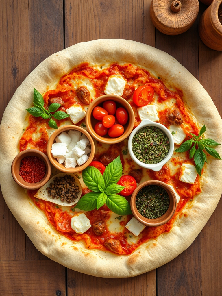 harina, levadura, salsa de tomate, mozzarella rallada, pepperoni, champiñones y pimiento rojo sobre una mesa de cocina