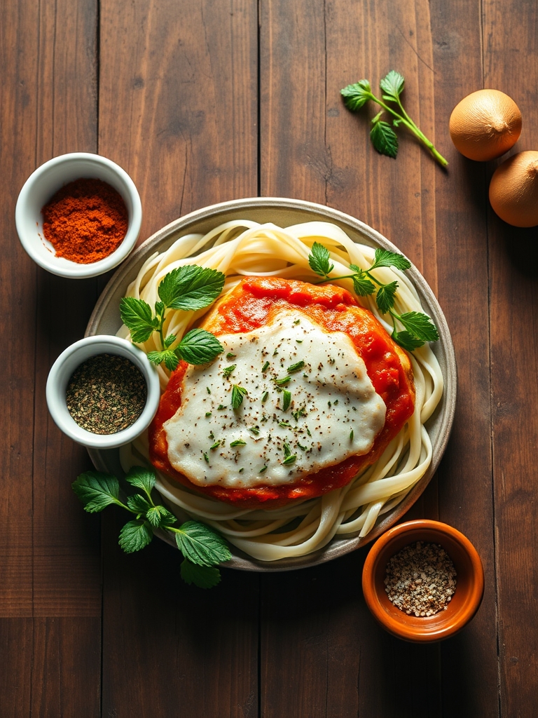 pechugas de pollo crudas junto a queso parmesano rallado, mozzarella, salsa marinara, huevos, harina y pan rallado sobre una mesa de cocina
