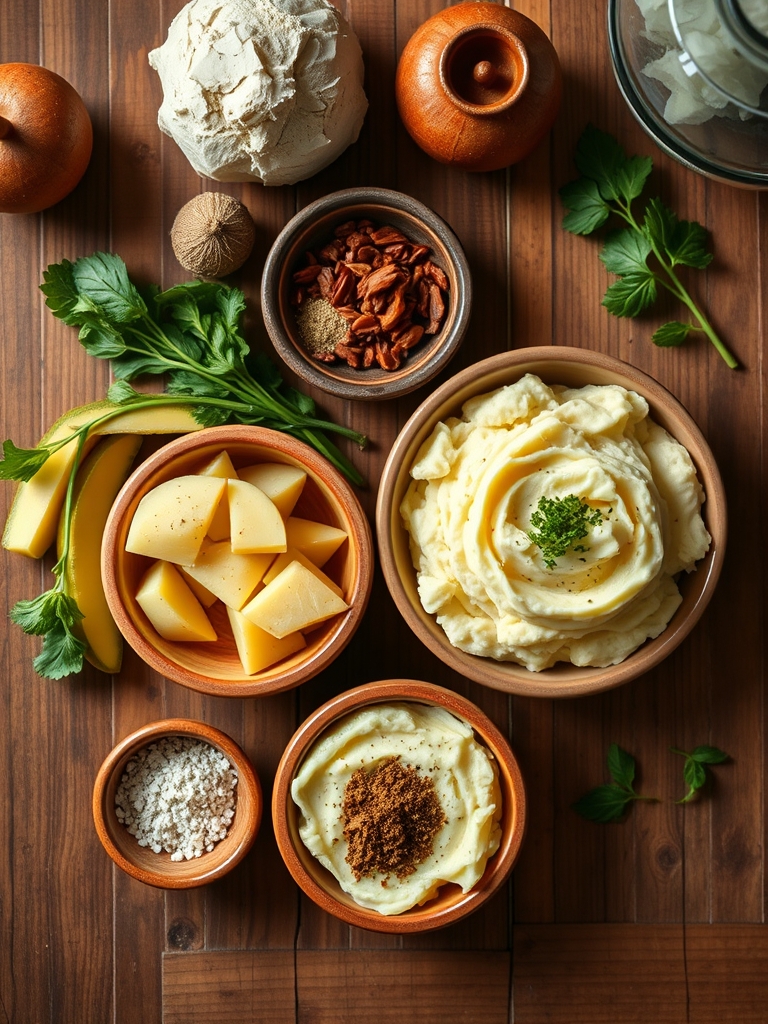 papas peladas en trozos, mantequilla, leche, crema, sal, pimienta, nuez moscada y cebollín sobre una mesa de cocina