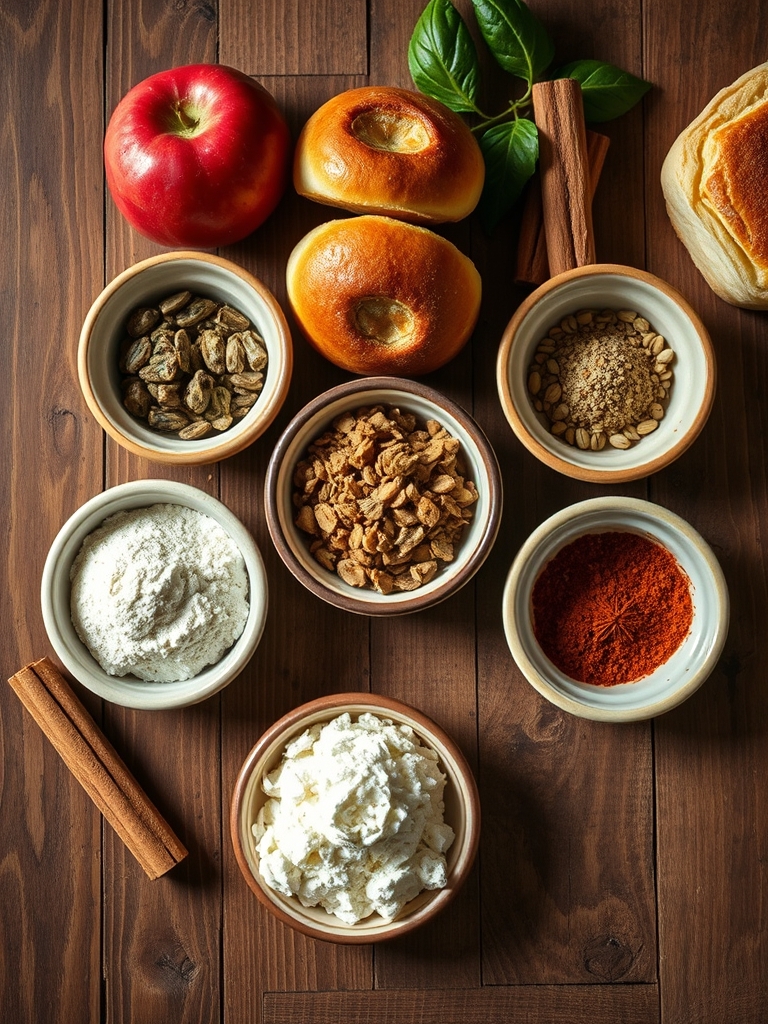 harina, leche, mantequilla, azúcar morena, canela, huevo y queso crema organizados sobre una mesa para preparar rollos dulces