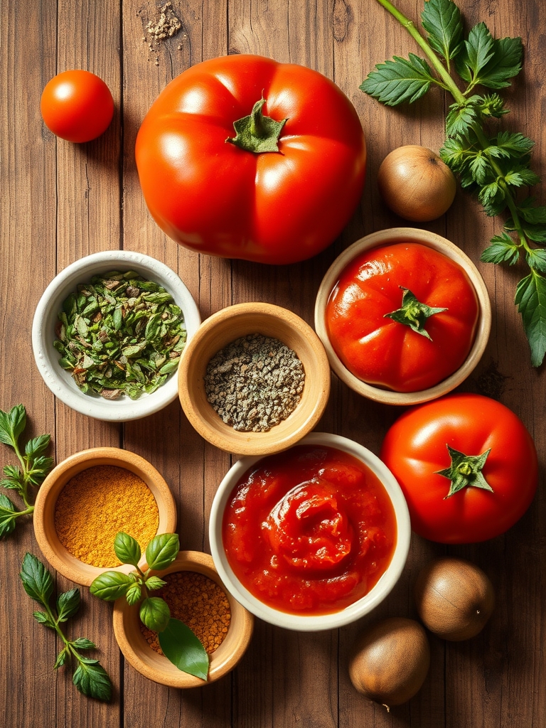 tomates maduros, ajo, cebolla, albahaca fresca, aceite de oliva y condimentos colocados sobre una mesa de cocina