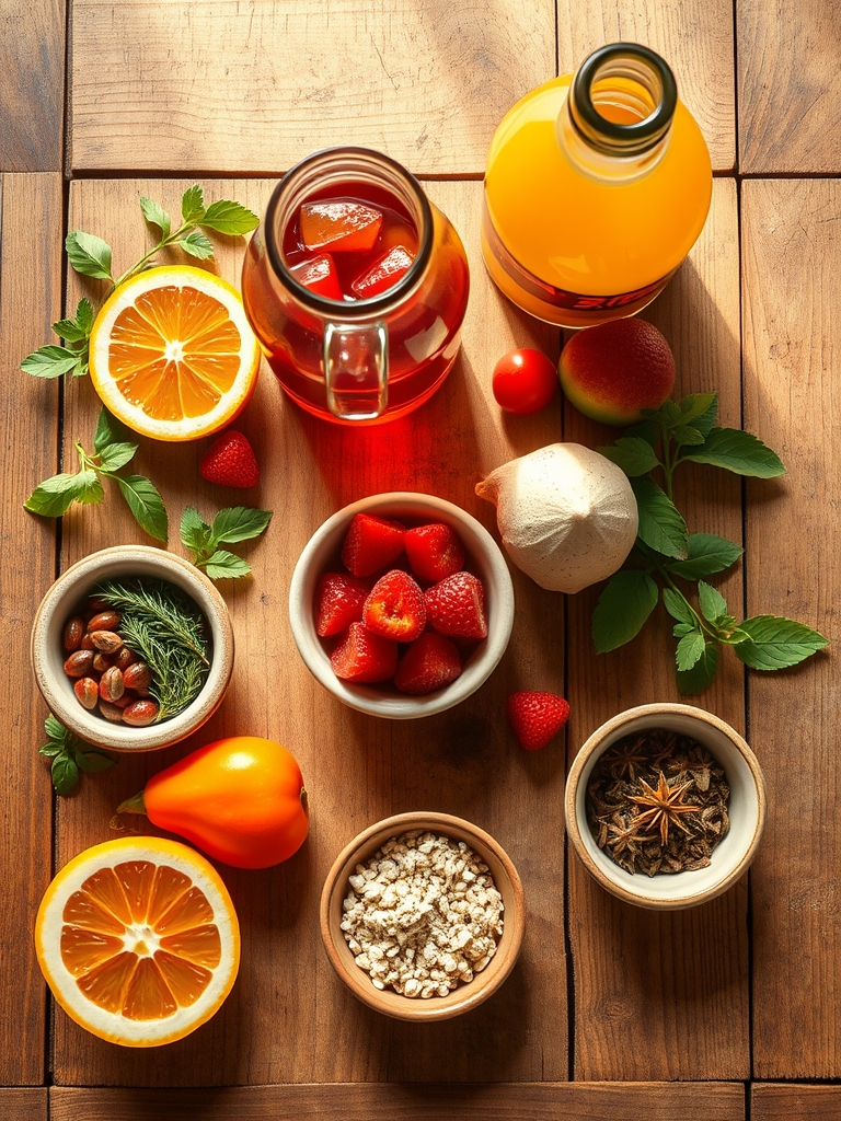mesa con vino tinto, jugo de naranja, fresas, manzana, melocotón, cítricos, canela y hielo preparados para hacer sangría