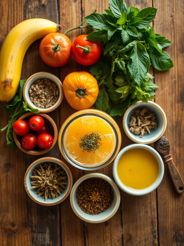 plátano congelado, mango en cubos, fresas frescas, yogur, leche de almendras, miel, limón, hielo y semillas de chía sobre una mesa clara