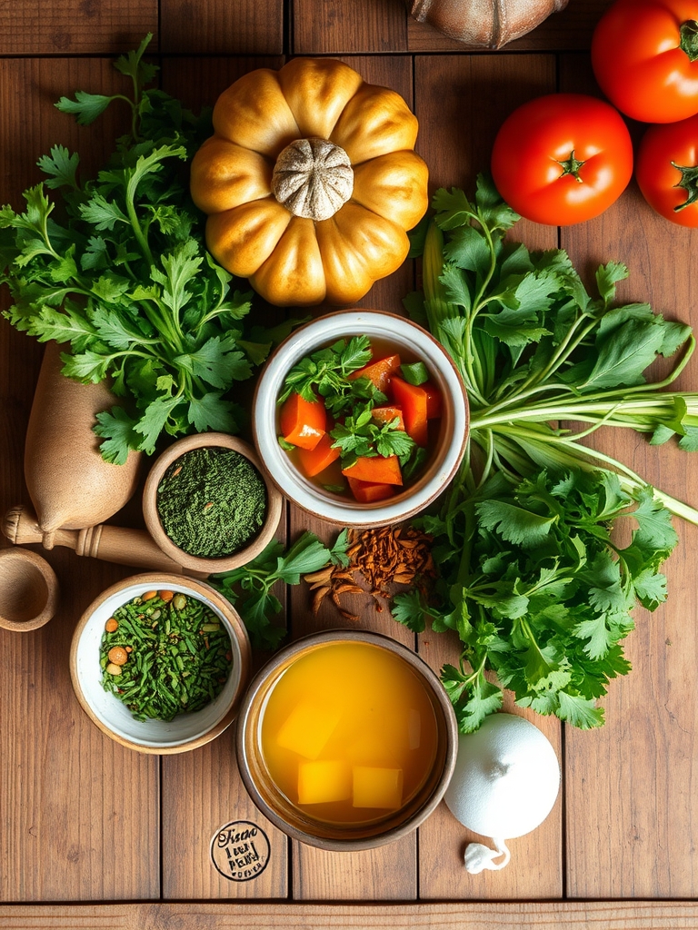 tabla de madera con zanahorias, apio, calabacín, repollo, espinacas, maíz, tomate triturado y caldo listos para preparar sopa