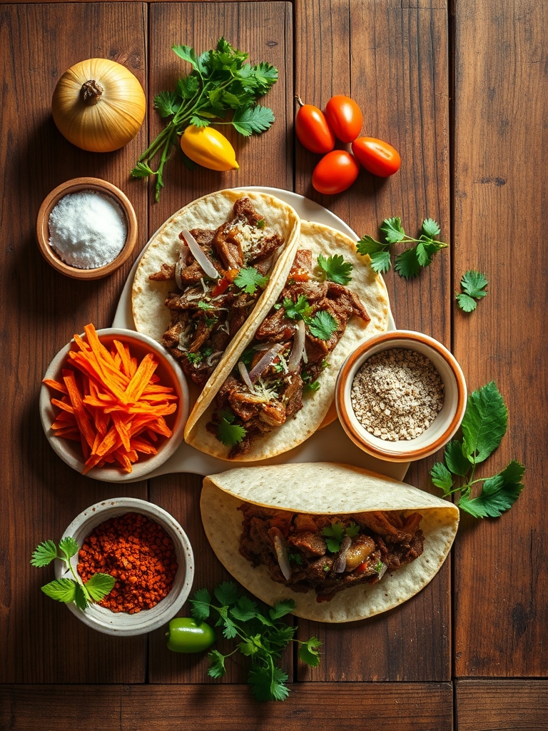 mesa de cocina con tiras de carne de res, tortillas de maíz, aguacate, queso fresco, pico de gallo, cilantro, limas y especias para tacos