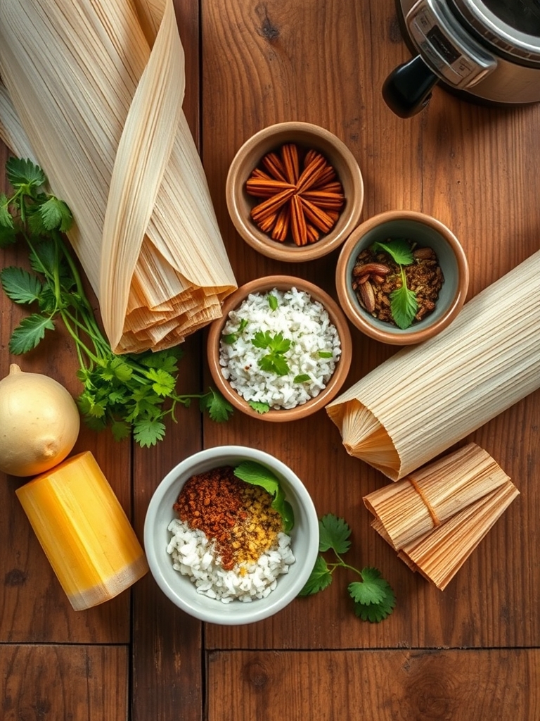 mesa con hojas de maíz hidratadas, harina nixtamalizada, salsa roja, carne de cerdo deshebrada, caldo tibio y especias para preparar tamales