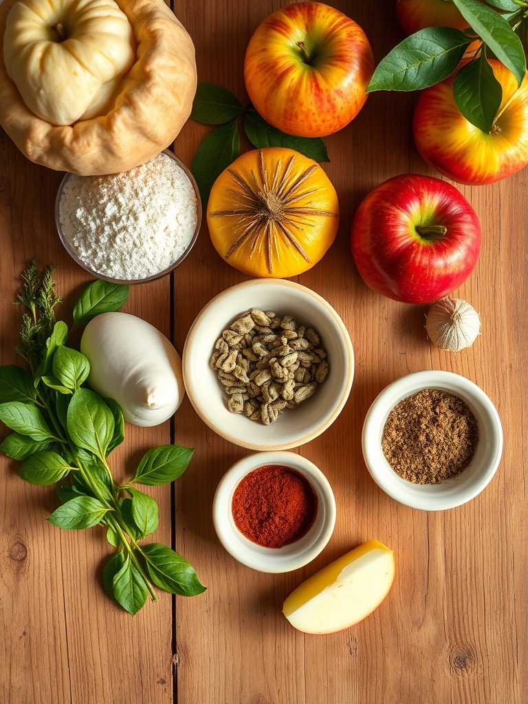 manzanas frescas, masa quebrada, canela, azúcar moreno, mantequilla y mermelada preparados sobre una mesa de cocina