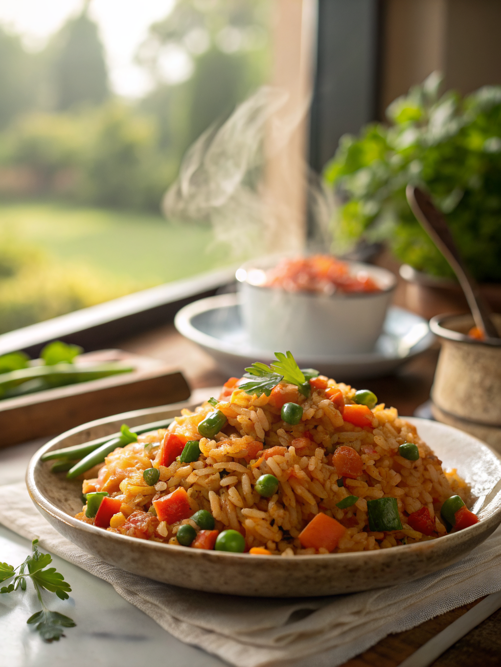 recipientes de vidrio con arroz integral suelto, brócoli, zanahoria, pimiento rojo, maíz y perejil fresco listos para meal prep