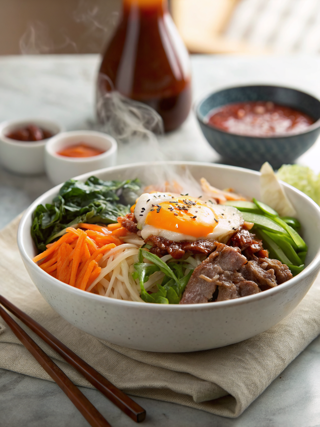 cuenco de bibimbap coreano con arroz blanco, verduras de colores, tiras de carne, huevo frito y salsa roja de gochujang