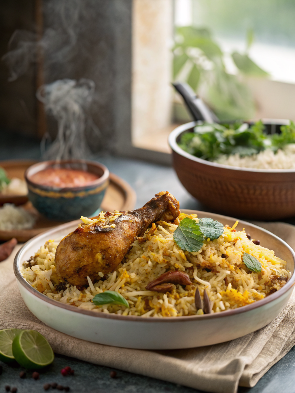 olla de biryani con arroz basmati amarillo y blanco, trozos de pollo especiado, cebolla dorada, cilantro fresco y hebras de azafrán