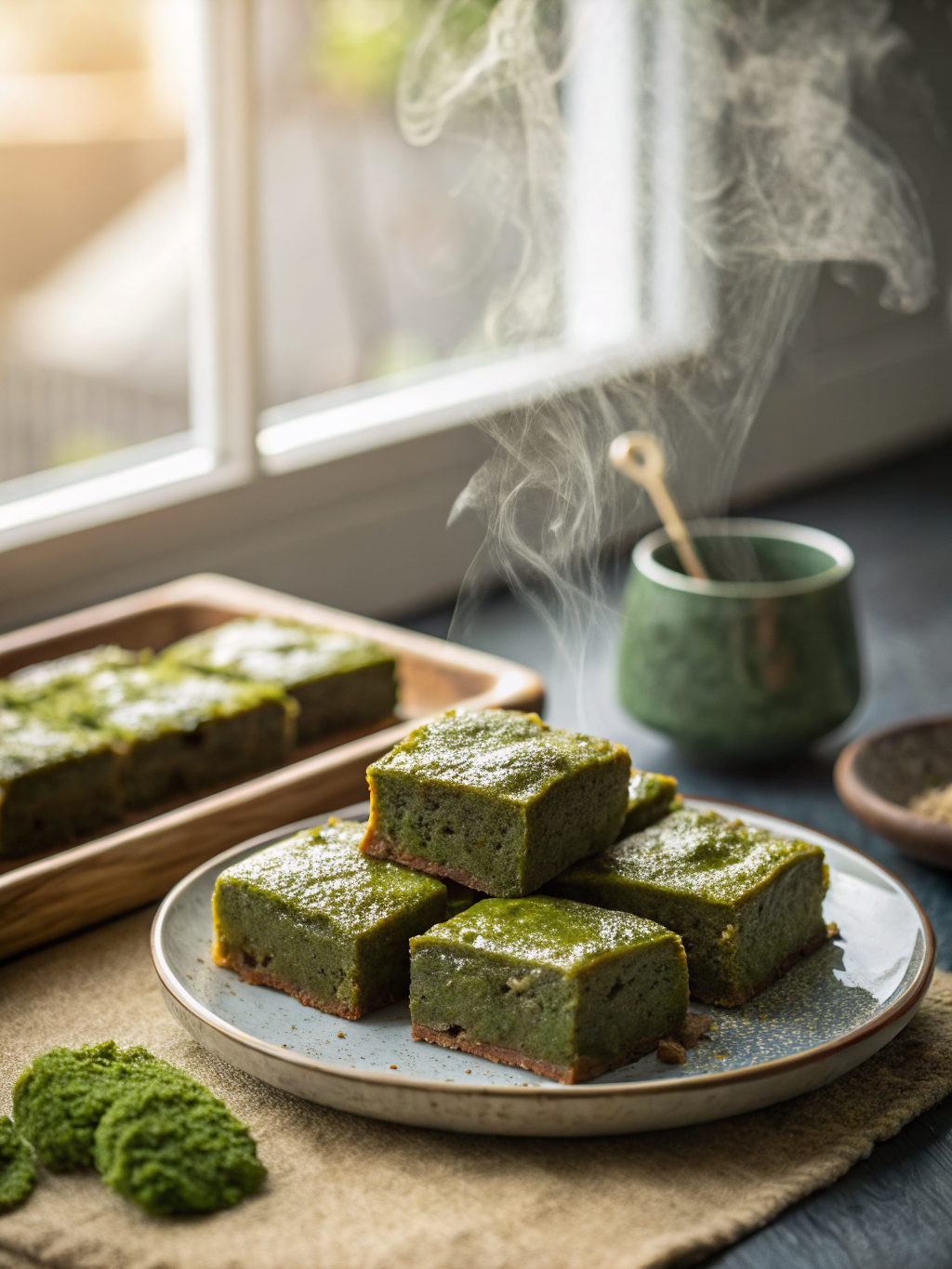 cuadrados de brownie oscuro con vetas verdes de matcha, trocitos de chocolate blanco y nueces sobre una bandeja de cerámica