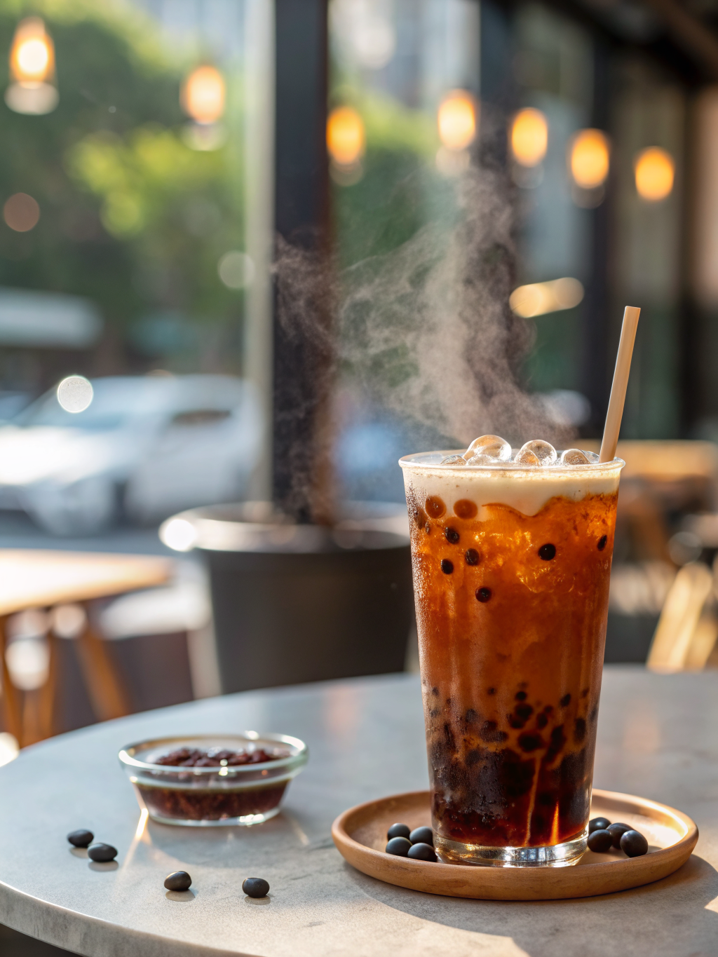 dos vasos altos de bubble tea frío con leche, hielo y perlas negras de tapioca en el fondo sobre una mesa clara